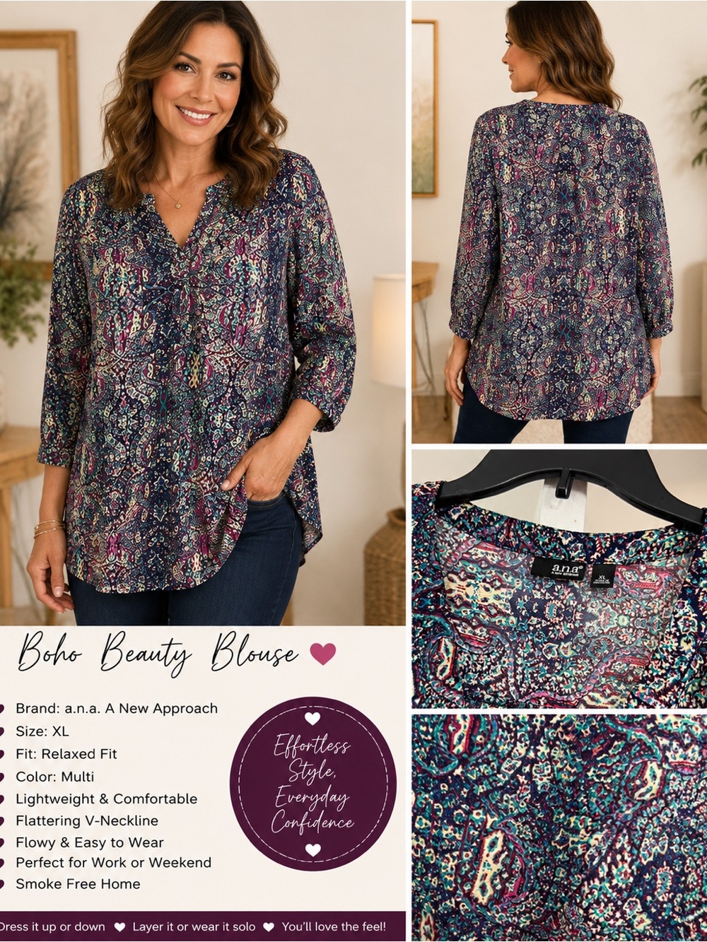 a.n.a Multi-Color Paisley V-Neck Boho Blouse